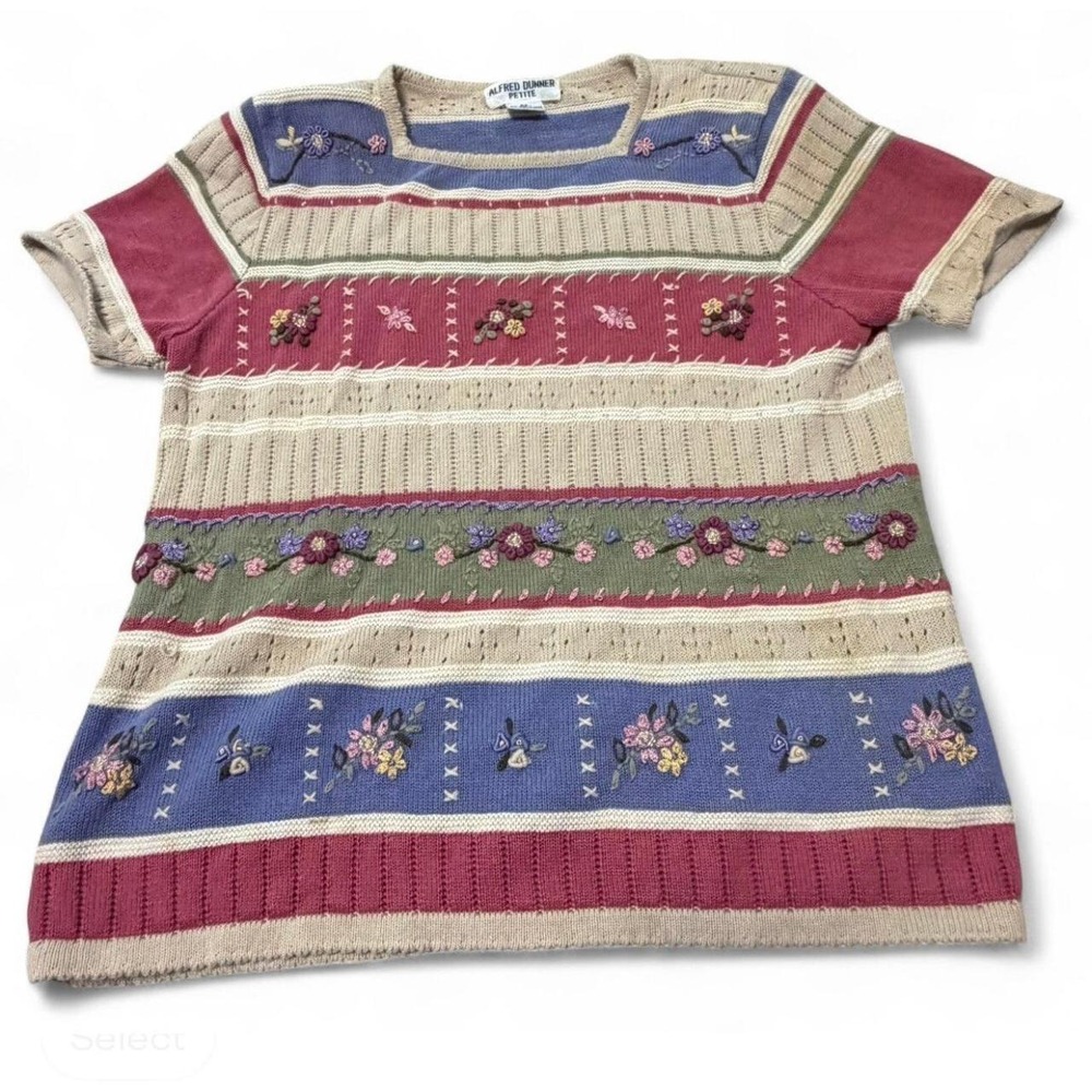 Alfred Dunner Petite PS Floral Embroidered Knit Top Cottagecore Ramie Cotton